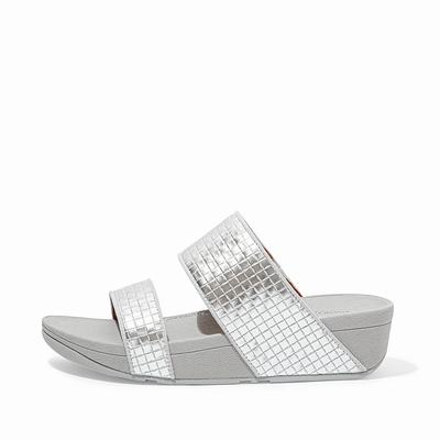 Fitflop Olive Metallic Woven Leather Slides - Sandalen Damen - Silber (JUM418093)